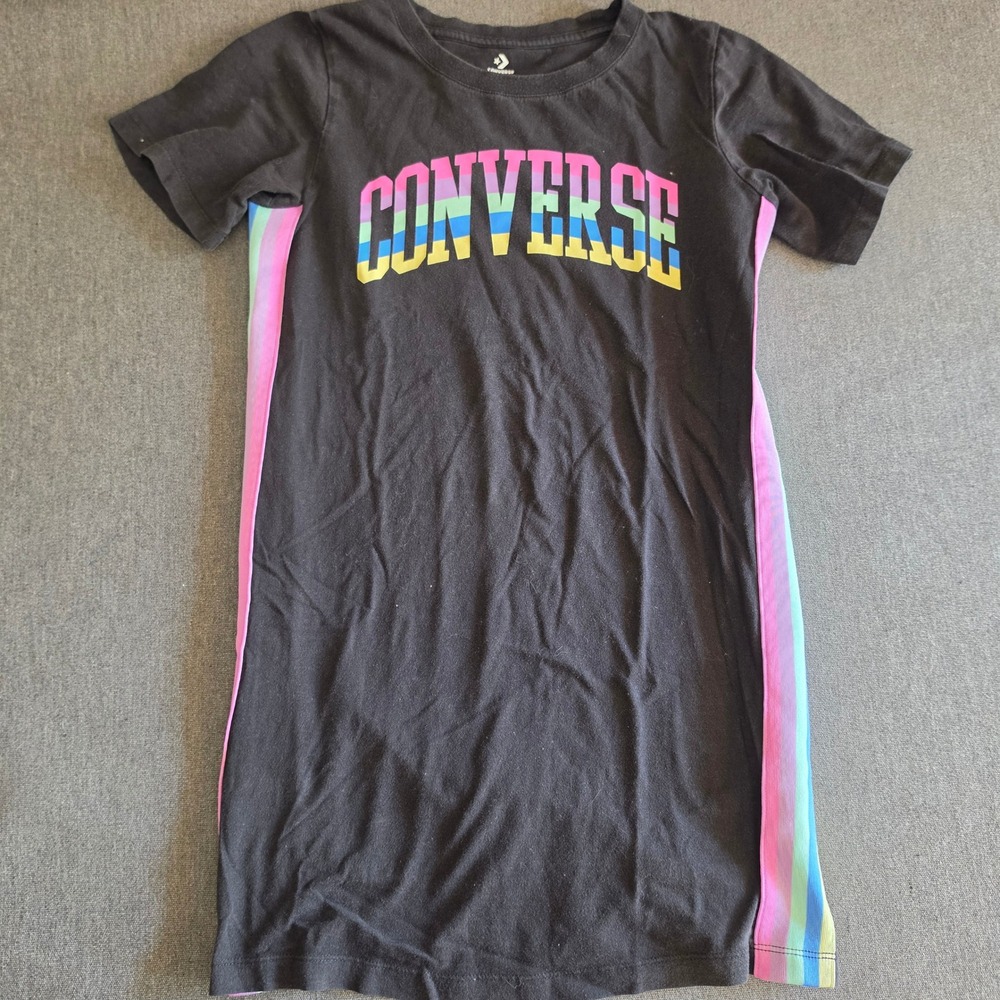 Converse Girls Black Rainbow Logo Stripe T-Shirt Dress Size L 12-13 Yrs
